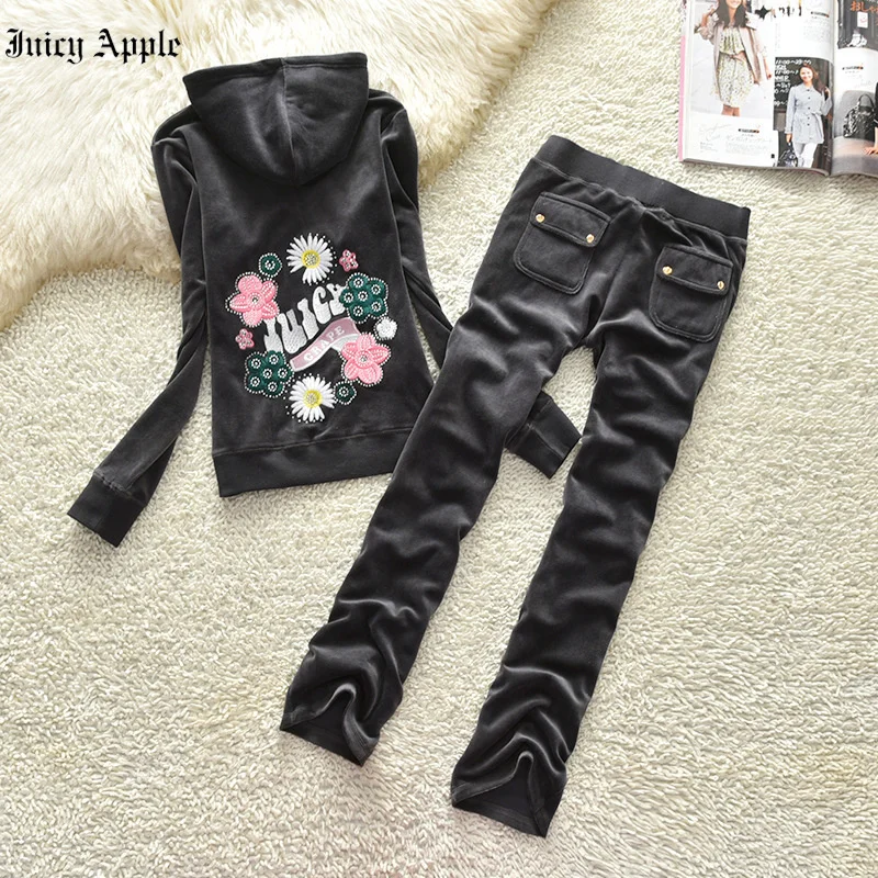 Juicy Apple Spring Autumn2022 Women Casual Suit Sexy Brand Velvet Fabric Tracksuits Velor Suit Woman Tracksuit Hoodies And Pants