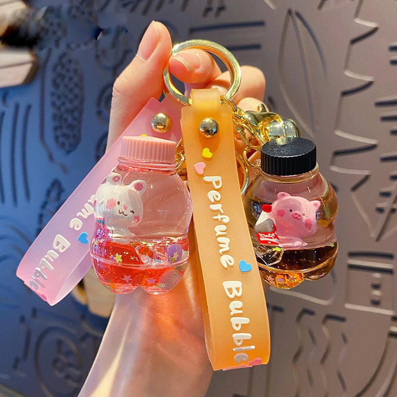 Creative Acrylic Beverage Bottle Keychain Cute Liquid Quicksand Coke Rabbit Piggy Key Chain Women Couple Bag Car Keyring Gifts