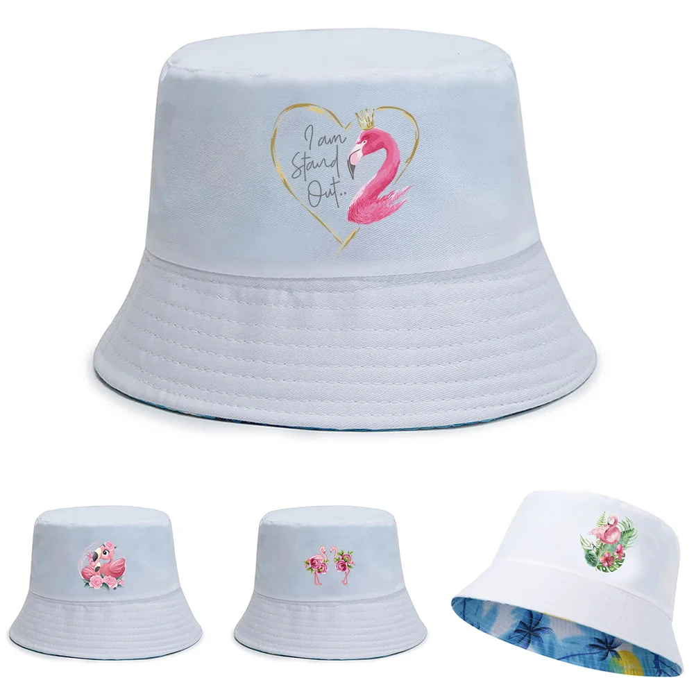 

Unisex Double-sided Bucket Hats Summer UV-proof Visors Cap Cotton Beach Hat Flamingo Print Fisherman Caps Foldable Fishing Hat