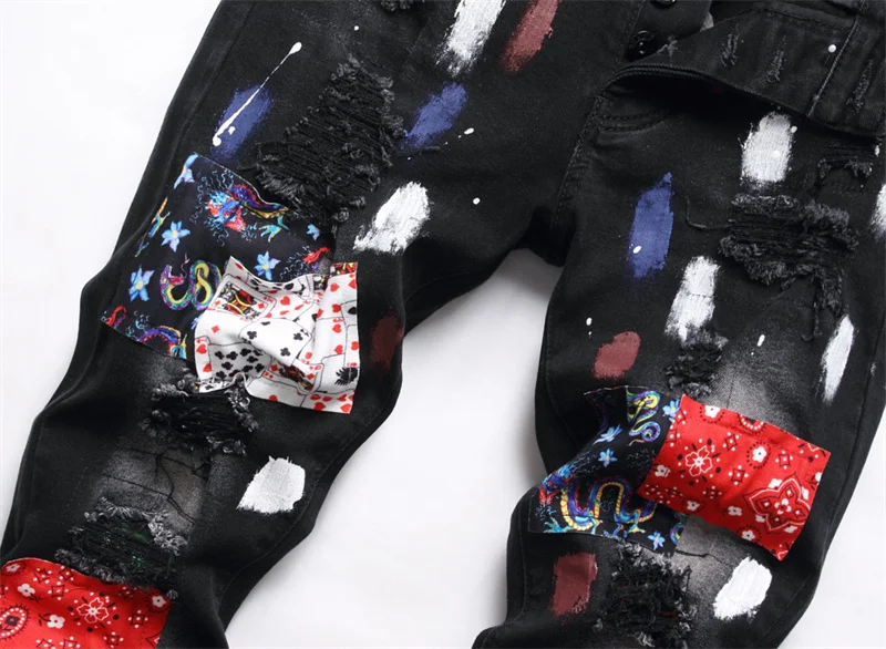 Men's Colorful Graffiti Printed Jeans Y2K Colorful Slim Fit Tapered Elastic Casual Pants Fashion Street Clothing Small Foot Pant