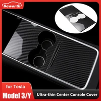 ultra thin center console cover for tesla model y 3 2022 21 glossy carbon fiber central control panel trim interior accessories