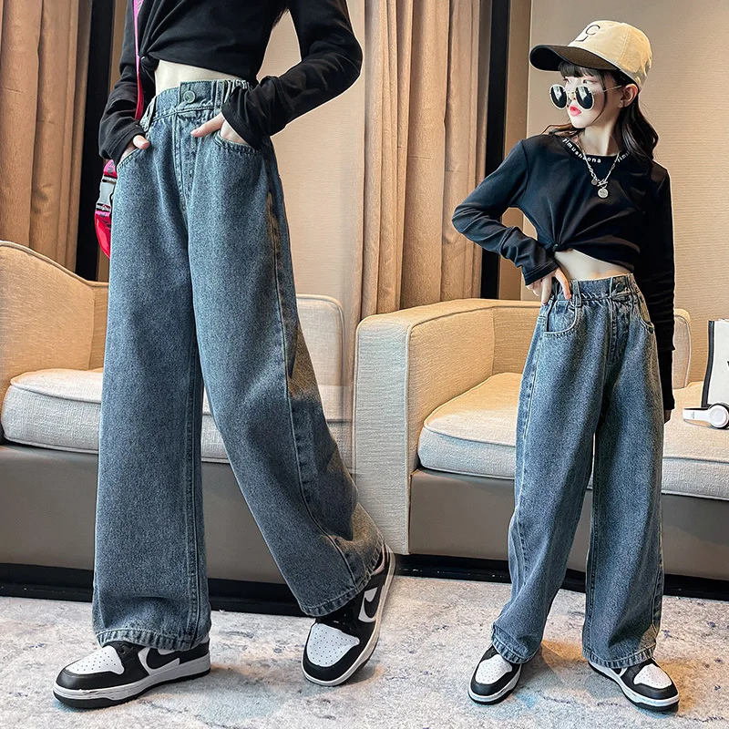 

Свободные джинсы для девочек, Новинка осени 2022, стильные широкие штаны для подростков, детские штаны ThinJ eans