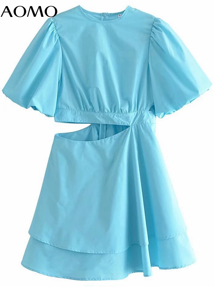 

AOMO 2022 Summer Women Blue Cut-out Dress Puff Short Sleeve Ladies Mini Dress Vestidos 5D27A