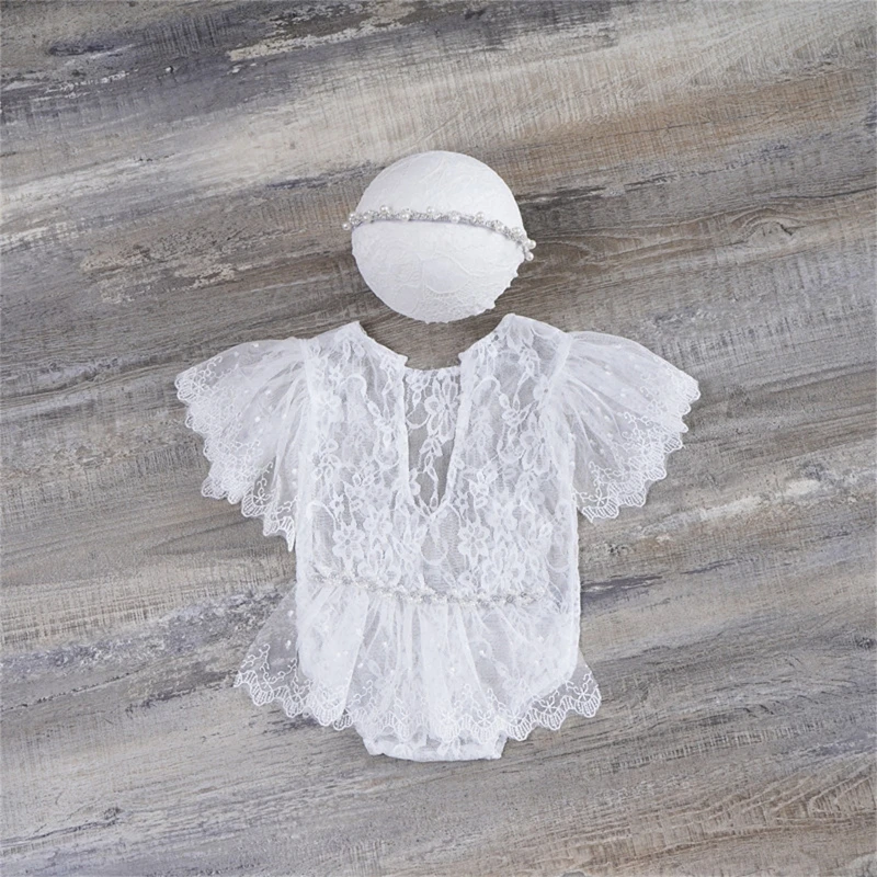 

2 Pcs Newborn Photography Props Outfits Baby Lace Romper Headband Set Infants Photo Shooting Bodysuit Jumpsuit Hair Band Kit