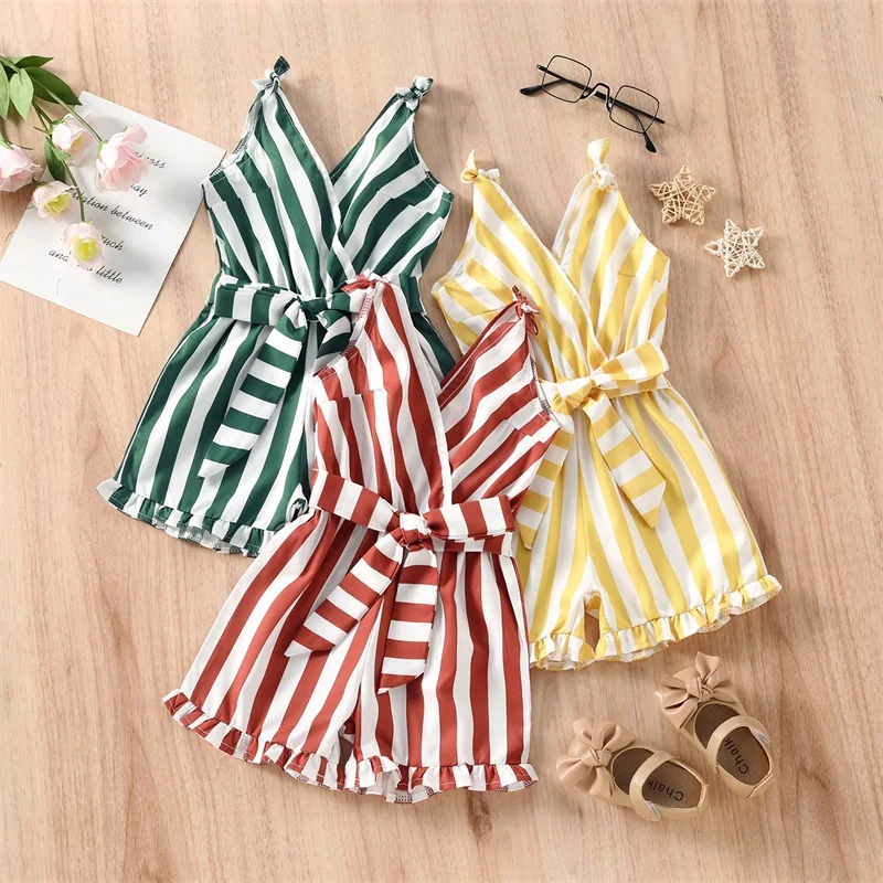 

Toddler Tie-up Ruffle Playsuit Kids Girls Casual Striped Print V-neck Romper with Belts Summer Casual Clothing for 2-7Y