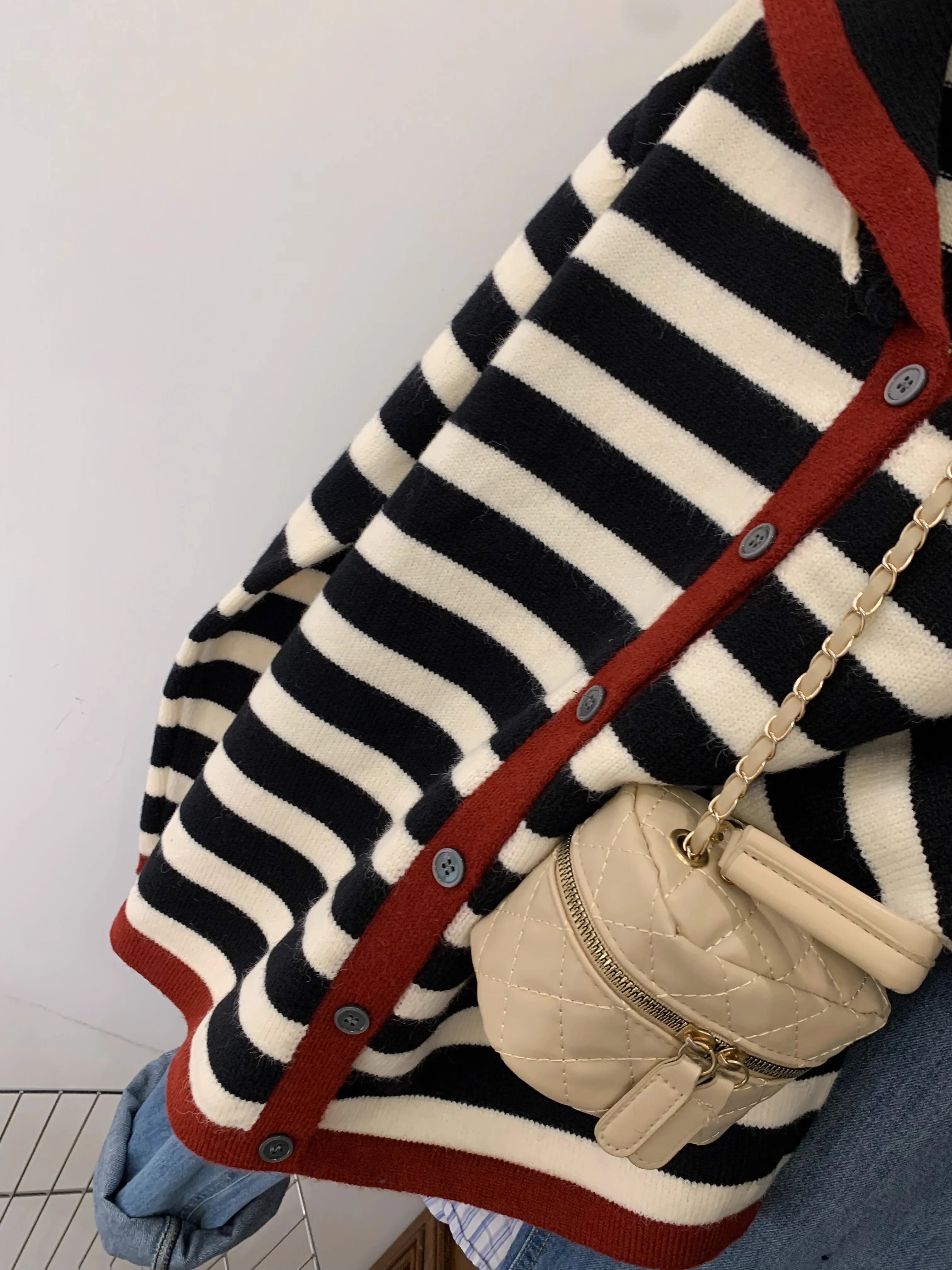 Sailor Collar Stripe Raccoon Velvet Sweater Cardigan Women Autumn and Winter Lapel Knitted Outerwear Idle Sle 2023 New