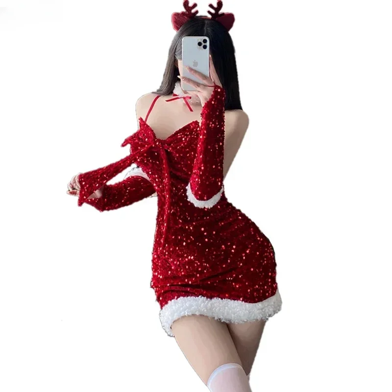 2025 Новогоднее красное платье с блестками и блестящим бантом женская