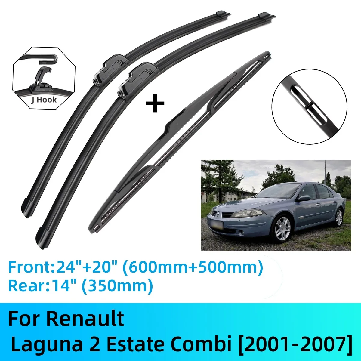 

For Renault Laguna 2 Estate Combi Front Rear Wiper Blades Brushes Cutter Accessories J U Hook 2001-2007 2004 2005 2006 2007