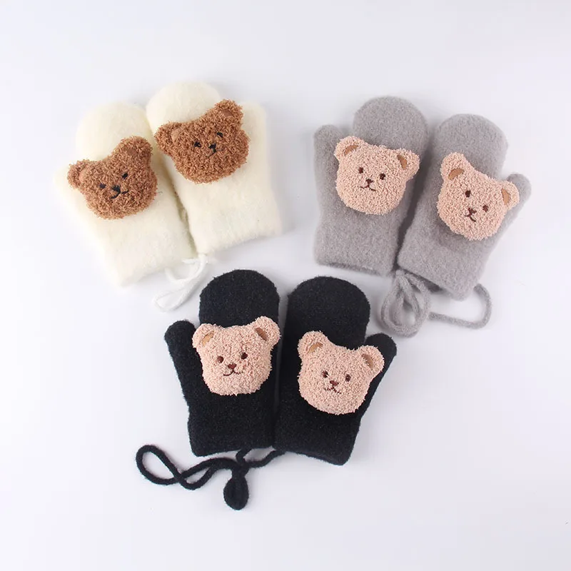Cute Cartoon Bear Baby Mittens Winter Warm Kids Baby Girl Gloves Knitted Children Toddler Thick Teething Mitten Handschoen 3-8Y