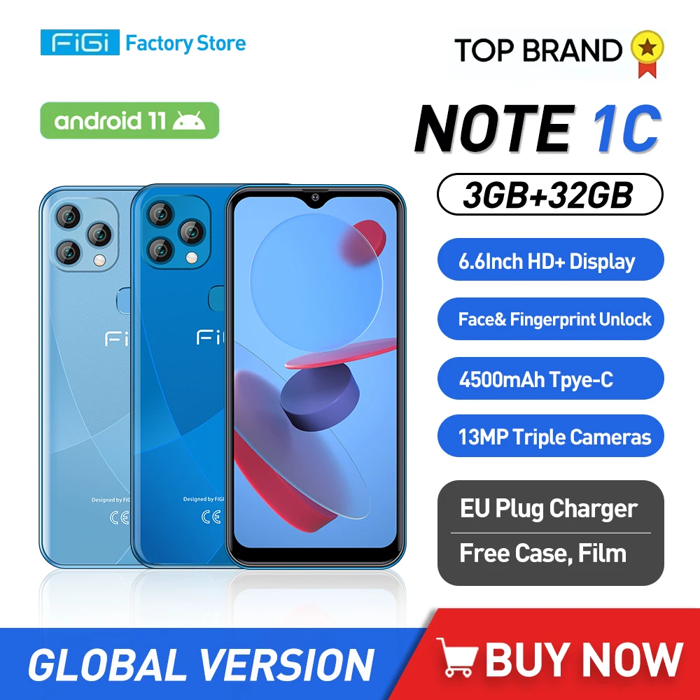 

FIGI NOTE 1C 4G Android 11 Smartphones 6.6" HD+ Display Mobile Phone Quad Core 4GB+32GB Cellphones 13MP Triple Camera 4500mAh