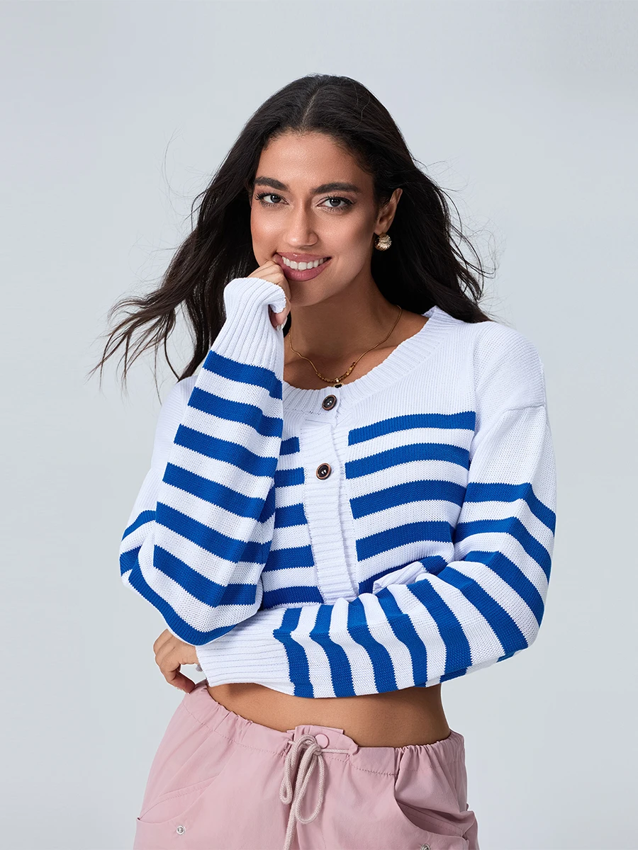 Женский вязаный кардиган с длинным рукавом и пуговицами в полоску осенний