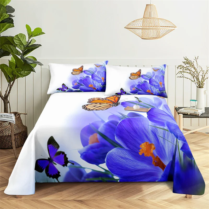 

Blue Butterfly Flower Queen Sheet Set Girl, Lovers Room Bedding Set Bed Sheets and Pillowcases Bedding Flat Sheet Bed Sheet Set
