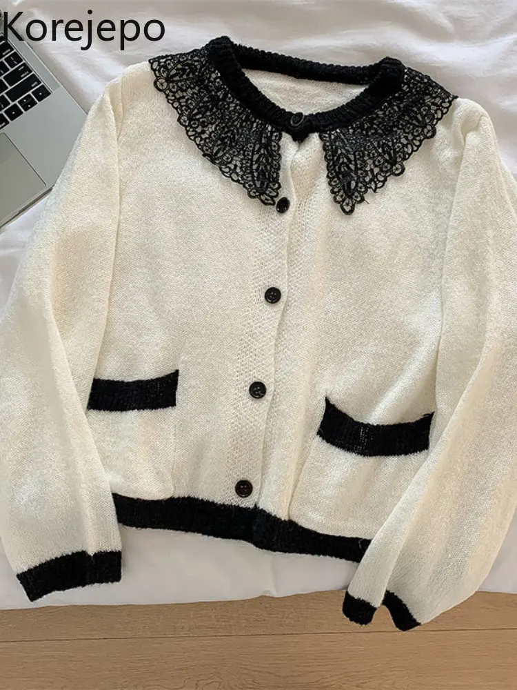 

Корейский темпераментный Винтажный кружевной кардиган, женский осенне-зимний свободный свитер, топ 2022 года, свитеры с длинным рукавом