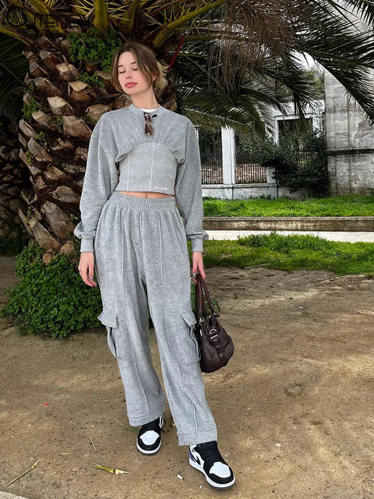 

Повседневный серый спортивный комплект Cutenew из двух предметов, свитер с круглым вырезом и длинным рукавом и пластиковая Талия + свободные брюки с эластичным поясом и карманами