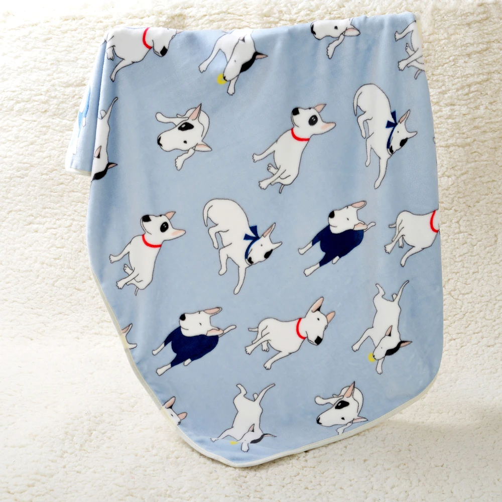 Soft Flannel Dog Blanket Cartoon Bull Terrier Print Warm Cozy Bed Sheet Mat For Small Cat Large Pet Sleeping Blankets Supplies