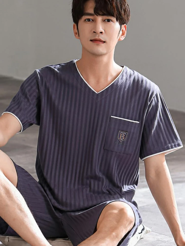 Men Comfortable Pajamas Set 3XL 4XL Short Sleeve Casual Home Wear Spring Summer Cotton Boy Pajama Sets Leisure Sleepwear Set