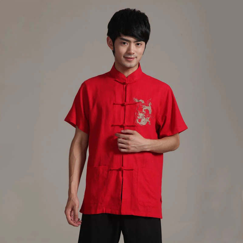 Рубашка с вышивкой дракона для мужчин костюм коротким рукавом Тан