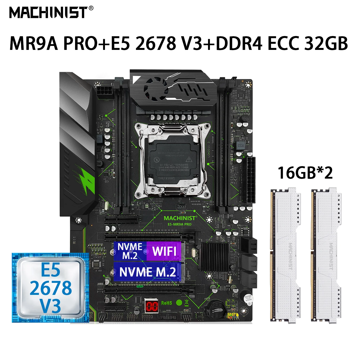

MACHINIST MR9A PRO Kit Motherboard Set Xeon E5 2678 V3 CPU 2*16GB=32GB DDR4 2133MHz ECC RAM Memory LGA 2011-3 NVME M.2 SATA 3.0