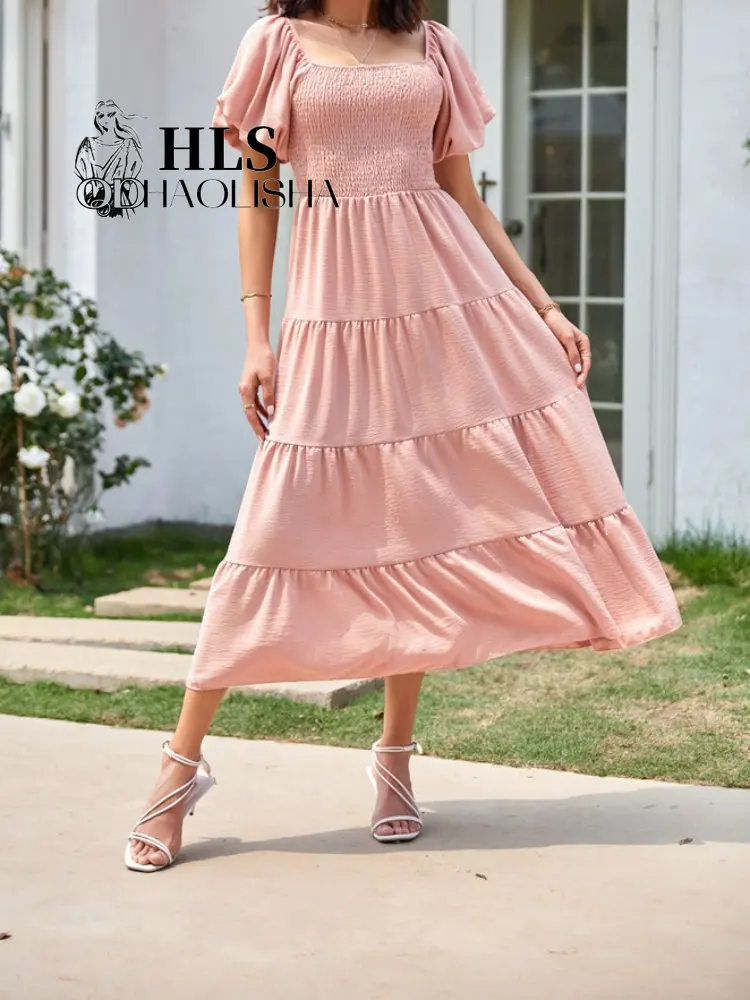 

Женское длинное платье с открытой спиной, Элегантное повседневное плиссированное платье с коротким рукавом и квадратным вырезом, лето