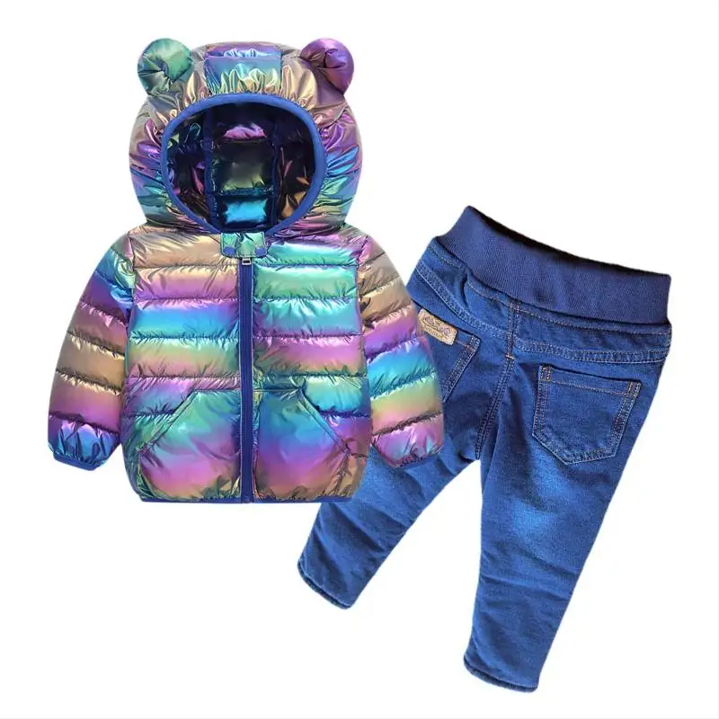 

Children Sets Baby Kids Warm Hooded Down Jackets+Denim warm pants Bright Surface Clothing Winter Girls Boys Snowsuit Sets 0-5Y