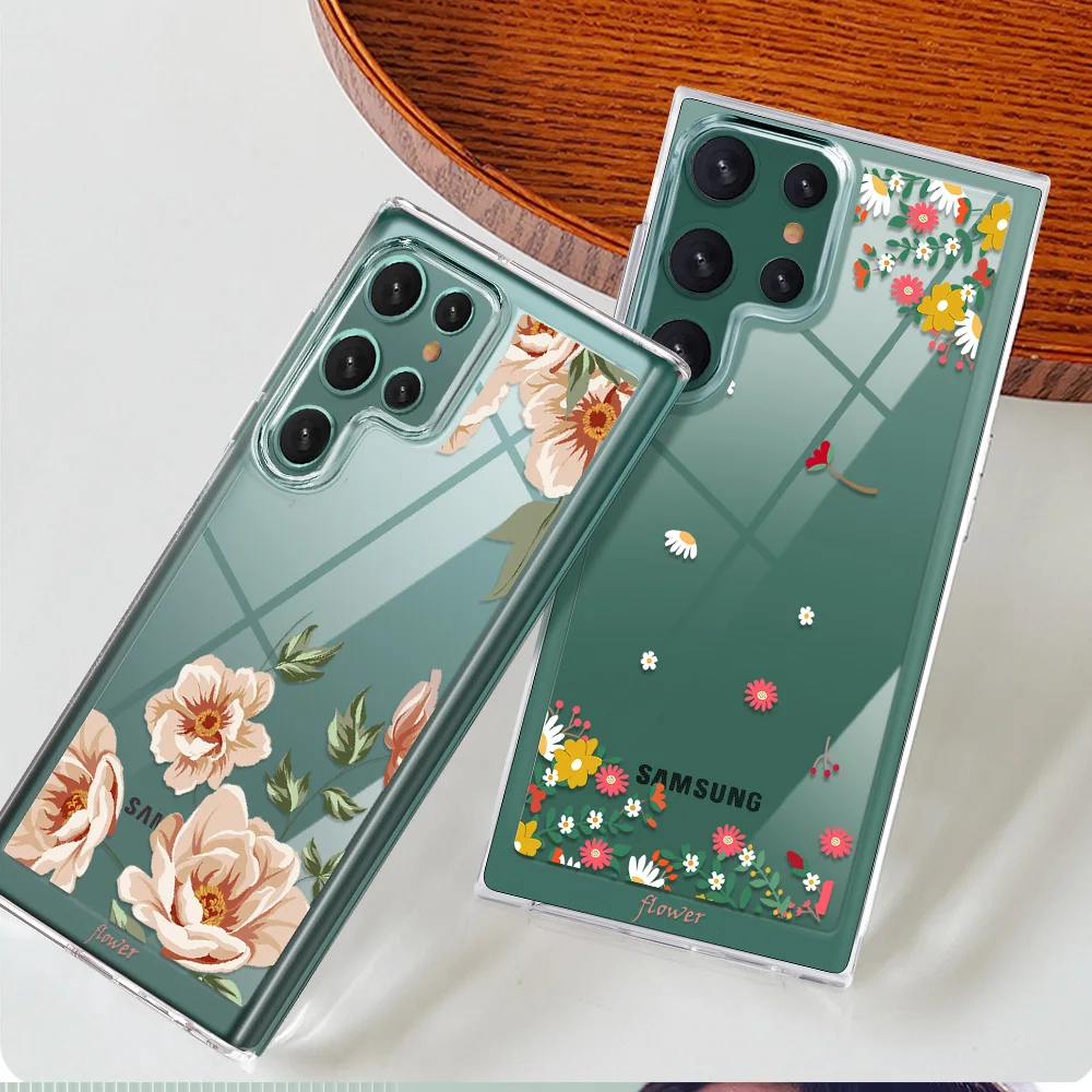 

Back Shell Covers For SAMSUNG Galaxy S22Ultra S22 Flower Phone Case Coque for Samsung S22Plus Fundas Luxury Transparent PC+TPU