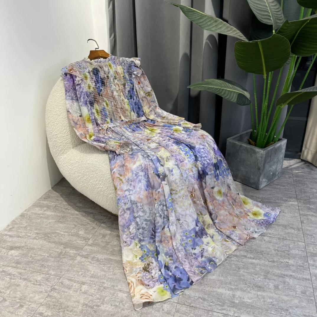 

Женское платье средней длины с поясом, летнее платье из натуральной ткани с цветочным принтом и оборками, украшенное жемчугом, 2022