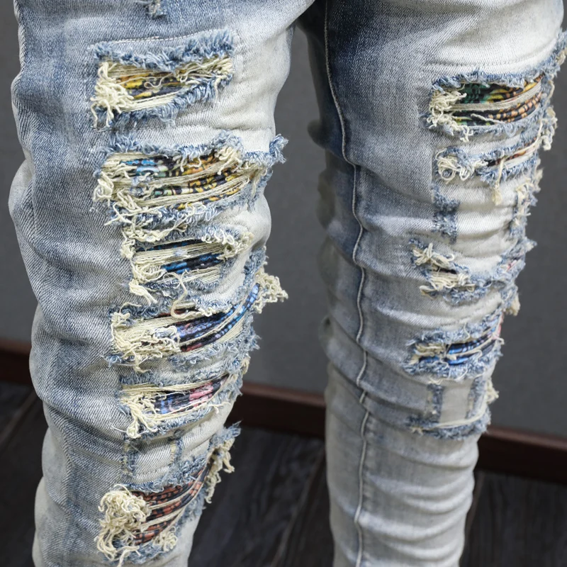 Street Fashion Men Jeans Retro Blue Patched Designer Elastic Stretch Broken Skinny Ripped Jeans Men Hip Hop Brand Pants Hombre