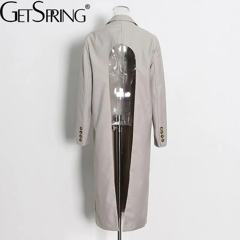 

GetSpring Women Trench Coat Solid Single Button Backless Ladies Windbreaker Irregular Loose Long Female Overcoat Autumn Tops New