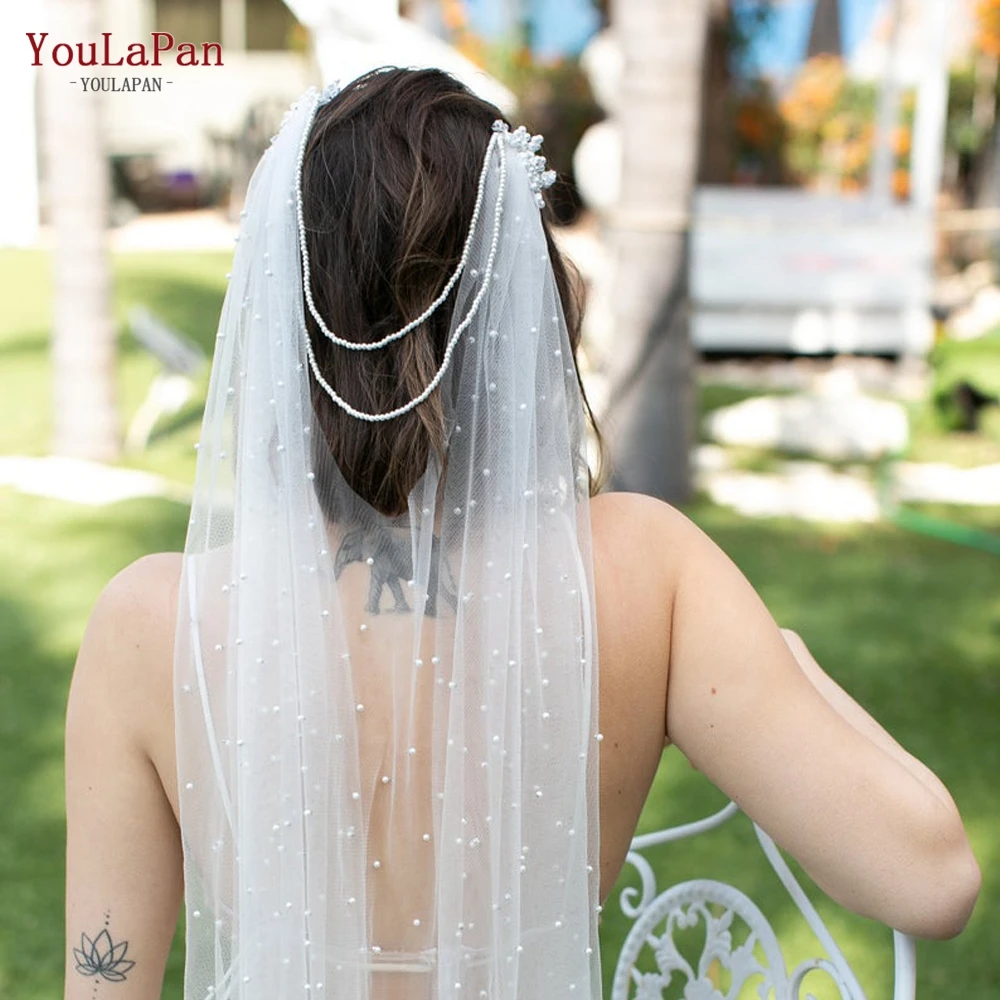 YouLaPan V03 Boho Bridal Veil Pearl Veil First Communion Veil Fan Boho Wedding Veil Draped Bohemian Veil Wedding Accessories