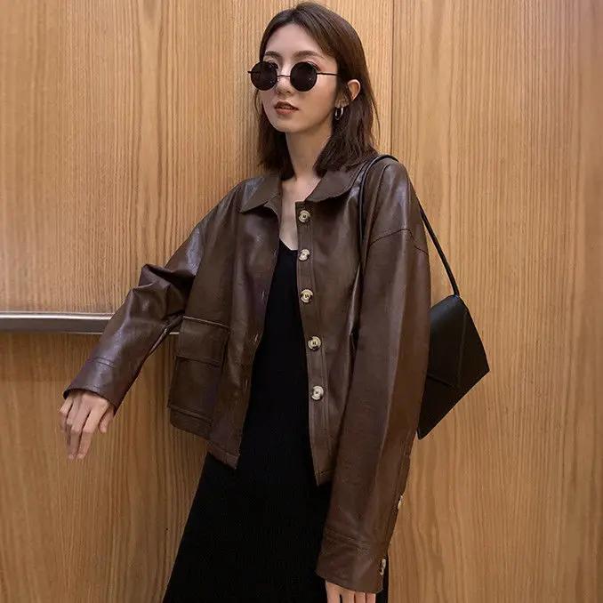 Short Brown Leather Jacket Women Long Sleeve Drop Shoulder 2022 Oversized Faux Leather Jackets for Women Fall Jacket for Women