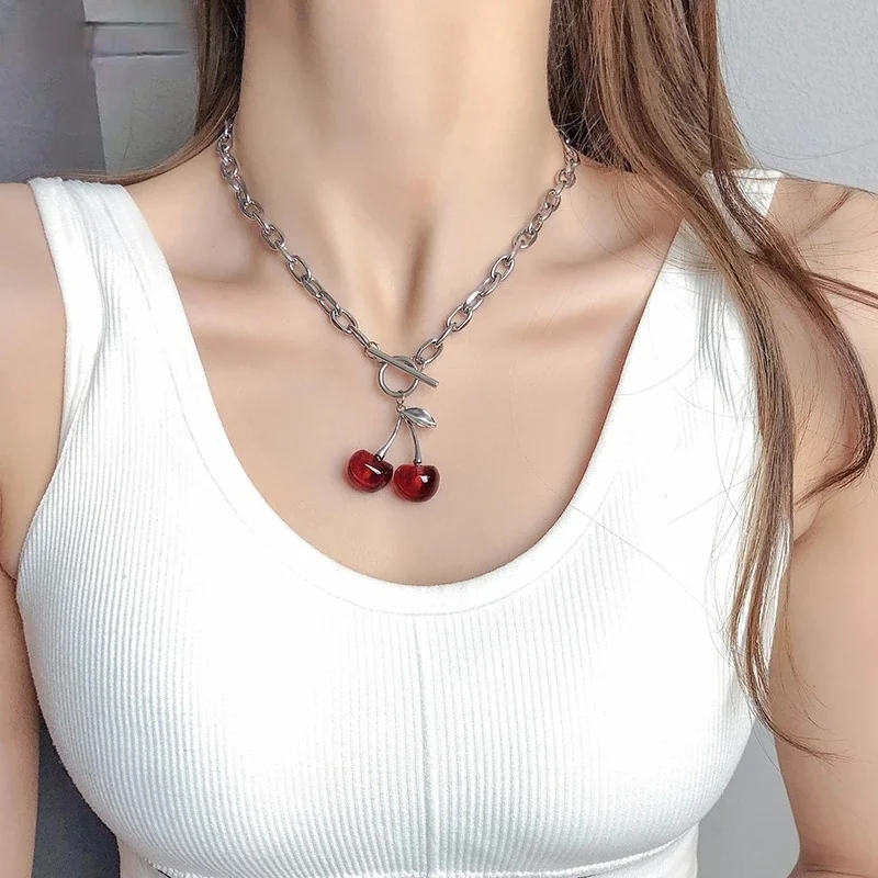 Korean Fashion Stainless Steel Jewelry Cute Cherry Necklace Simple Clavicle Chain Statement Necklace Gift Collares Para Mujer