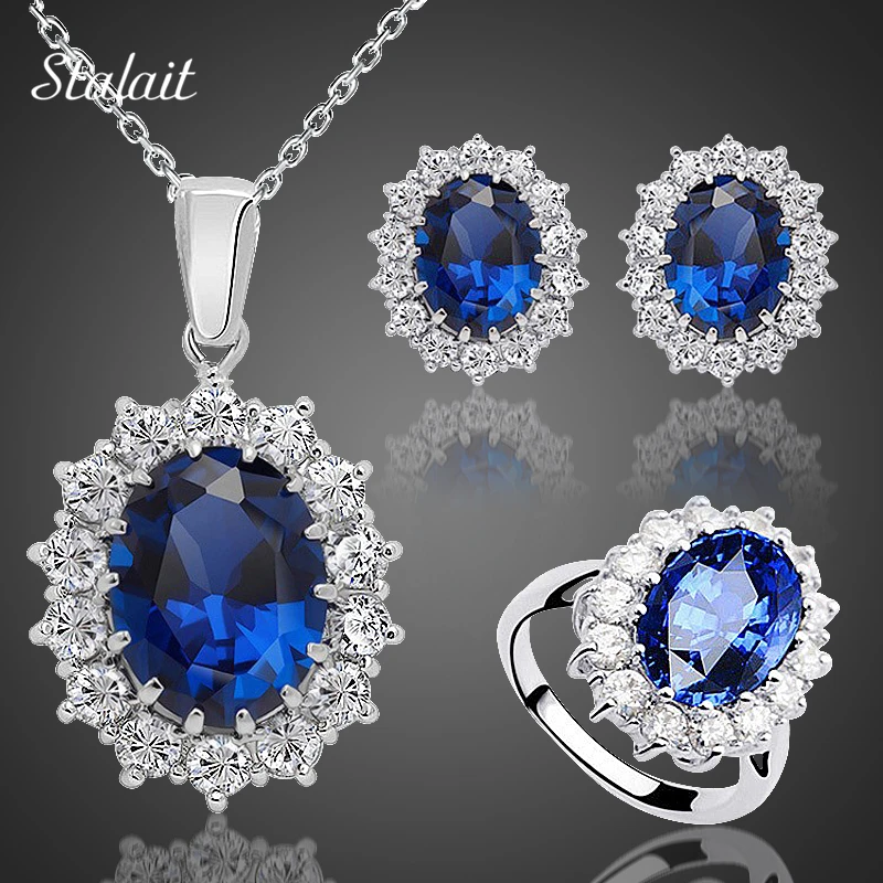 

Fashion Blue Crystal Stone Wedding Jewelry Sets For Brides Silver Color Necklace Set For Women African Jewelry Sets & More