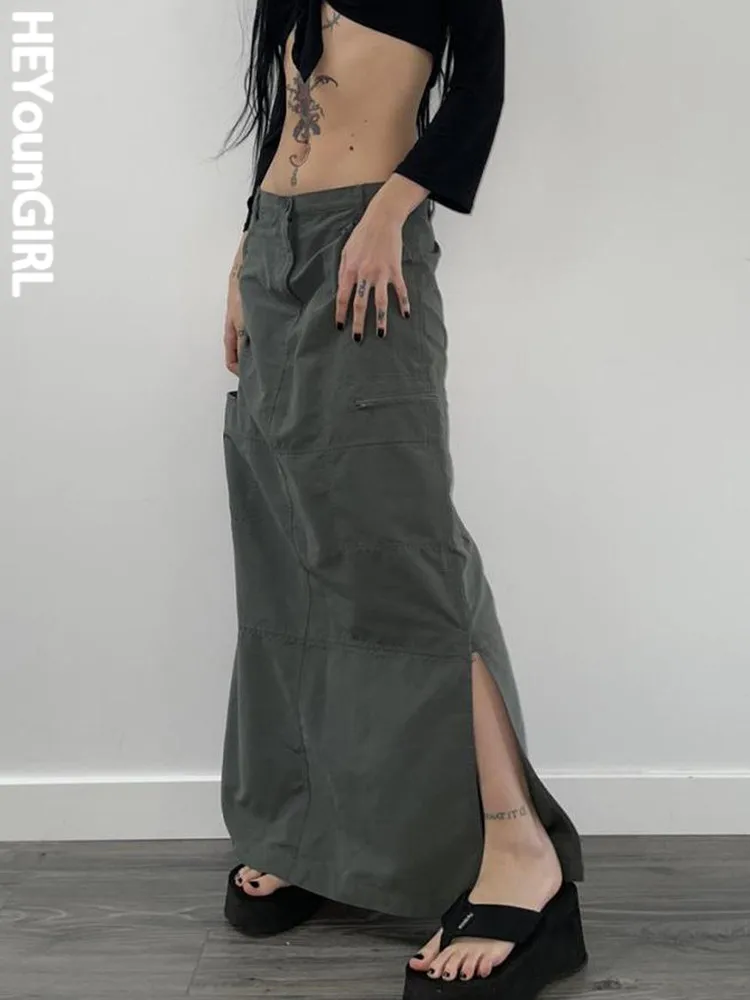 

Корейская мода HEYounGIRL, длинные элегантные однотонные женские уличные повседневные винтажные прямые юбки с разрезом и высокой талией Y2K Harajuku