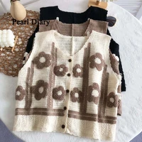 rin confa women summer new style sticking flowers single breasted vest retro v neck knitting top cardigan short all match top
