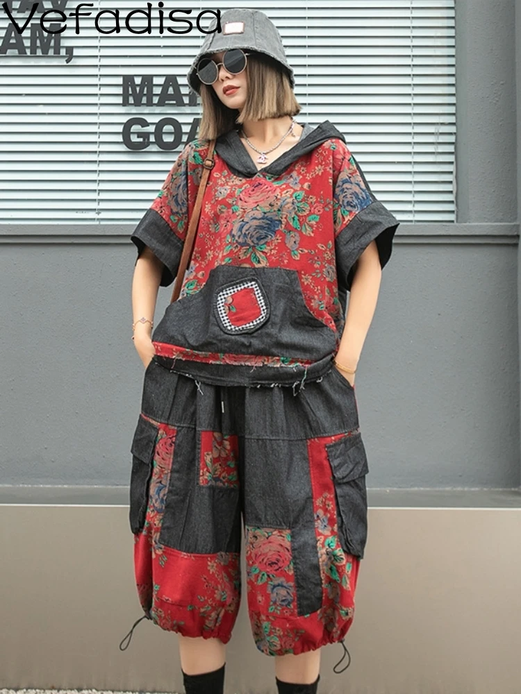 

Vefadisa 2023 New Women Spliced Thin Denim Hooded Short Sleeved T-shirt+wide Leg Capris Personalized Girl Matching Sets ZY1828