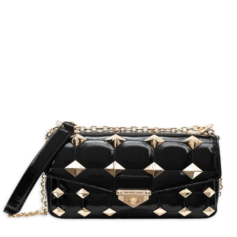 

Ladies Soho Small Studded Quilted Patent Shoulder Bag - Black