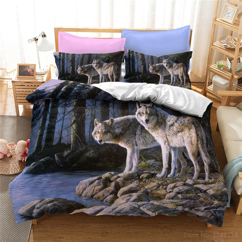 Комплект постельного белья с 3d-изображением волка в лесу Королевский рисунком