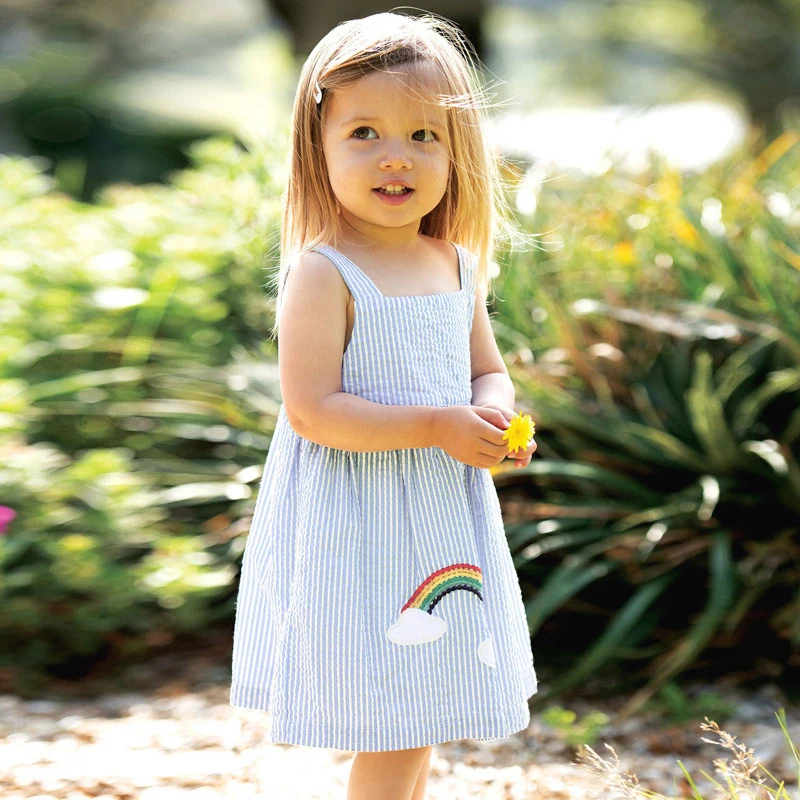 

2022 Baby Girls Casual Clothes Cotton Lovely Kids Summer Dress for Toddler Infant Children Sleeveless Stripes Rainbow 2-7Y