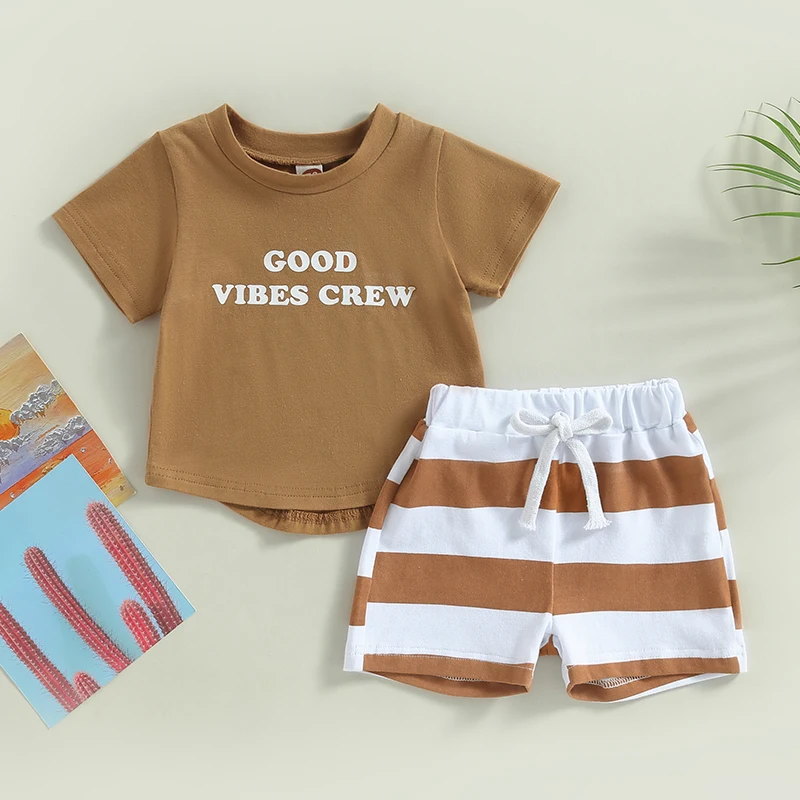 

2023-04-10 Lioraitiin 0-3Years Toddler Boys 2Pcs Summer Outfit Sets Short Sleeve Letter Print Tops Striped Drawstring Shorts