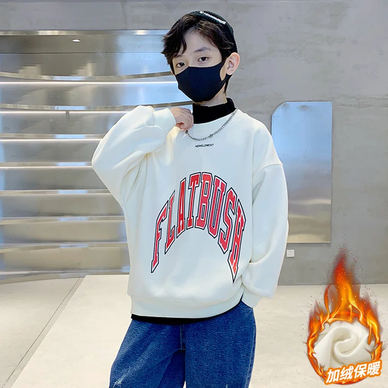 

Одежда для мальчиков, модный новый Топ с длинным рукавом и надписью, зимний плюшевый теплый пуловер, детская одежда, свитшот с круглым вырезом