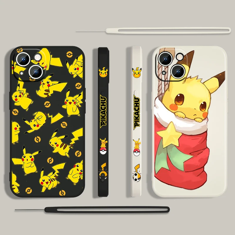 

Anime Cute Pikachu For Apple iPhone 13 12 Mini 11 Pro XS MAX XR X 8 7 6S SE Plus Liquid Left Rope Silicone Phone Case Capa Cover