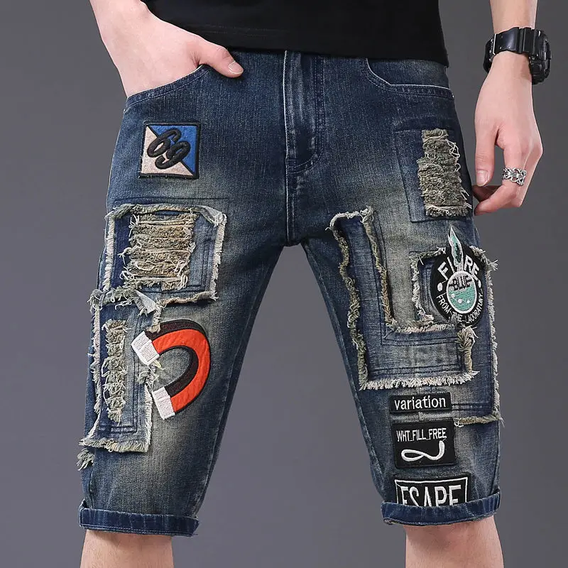 

Summer tide brand denim shorts men's hole personality stitching scratch patch embroidery retro five-point pants short jeans