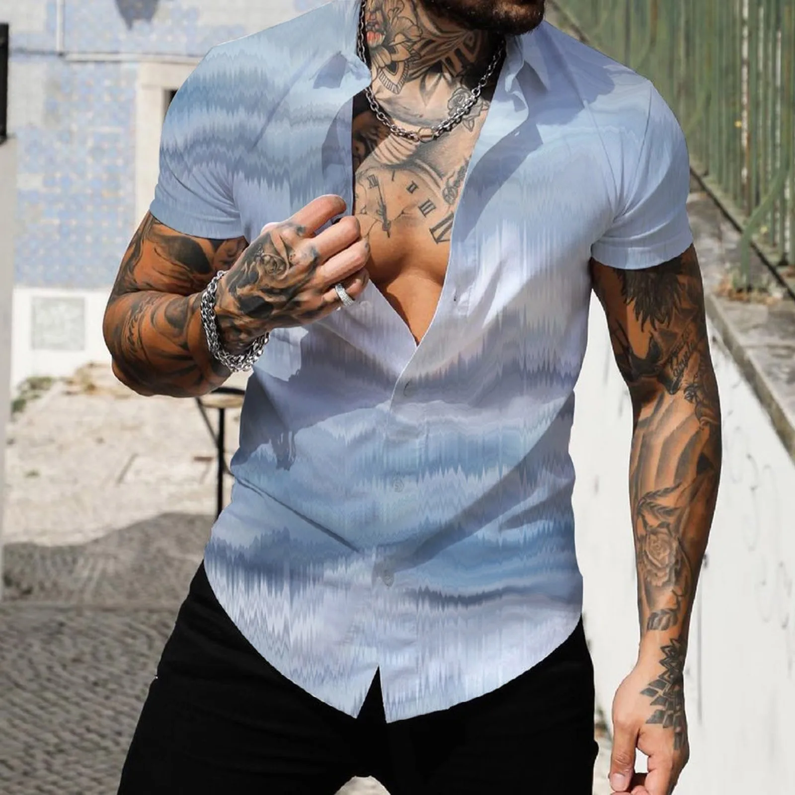 

Men Long Sleeve T Shirts Men Spring Summer Single Breasted Casual Lapel Full Print Beach Short Sleeve Mens Tall A Shirts