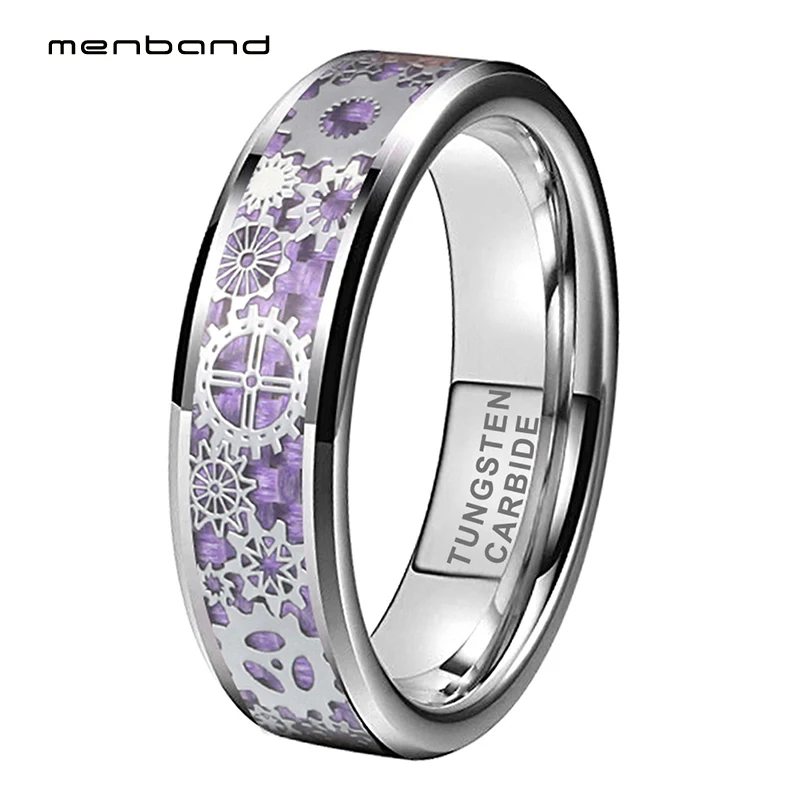 

Кольцо женское из вольфрама, 6 мм, с механическим зубчатым колесом и фиолетовой вставкой из углеродного волокна