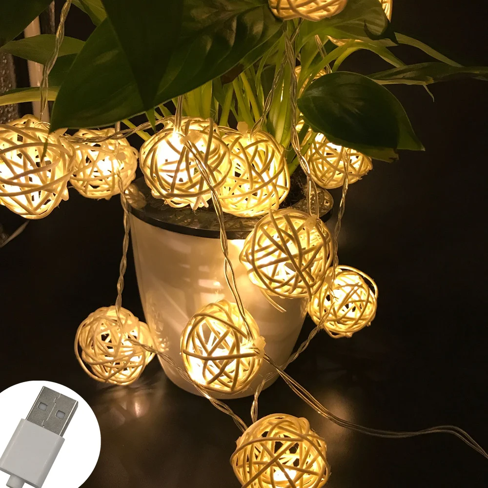 

USB гирлянда из ротанговых шаров, теплый белый свет, 20 LED