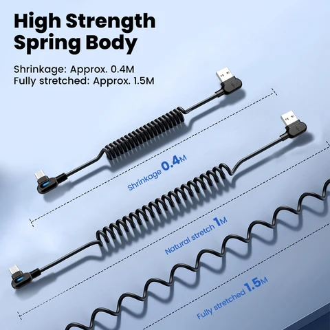 Двойной кабель типа C, 6 А, быстрая зарядка, 90 °   Локоть Автомобильный пружинный выдвижной кабель USB C — USB C для iPhone 14, Xiaomi Samsung