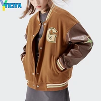 yiciya womens jacket spring 2022 pu leather sleeves coats patchwork bomber jacket woman embroidery high quality womens jacket