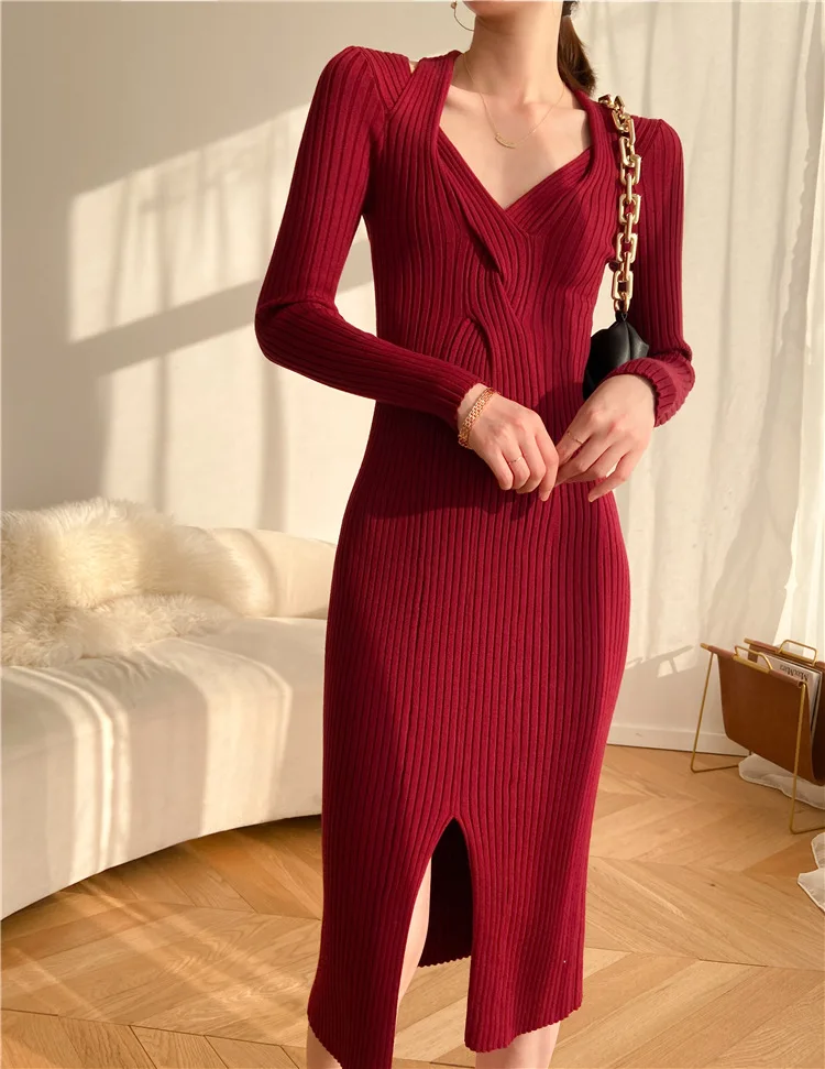 

2021 Women Fall Winter Soild Knitting Dress Sexy V-neck Slim Strapless Slit Over The Knee Mid-length Dress Woman Sexy Clothing