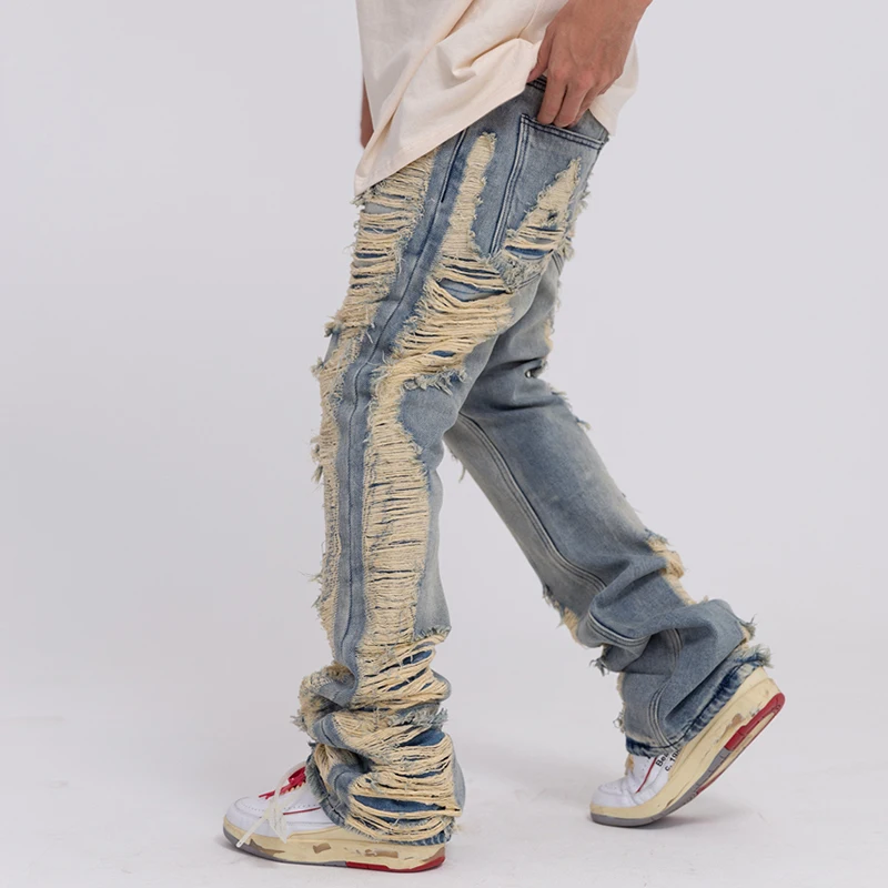 E BOY  Harajuku Ripped Frayed Hole Blue Washed Jeans Pants for Men and Women Pockets Streetwear Casual Baggy Denim Trousers