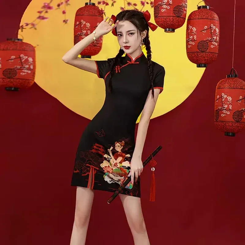 Фото Традиционное китайское улучшенное платье Cheongsam, женское модное короткое Ципао для молодых девушек, Guochao, современное 2024, ветер NM33 №1
